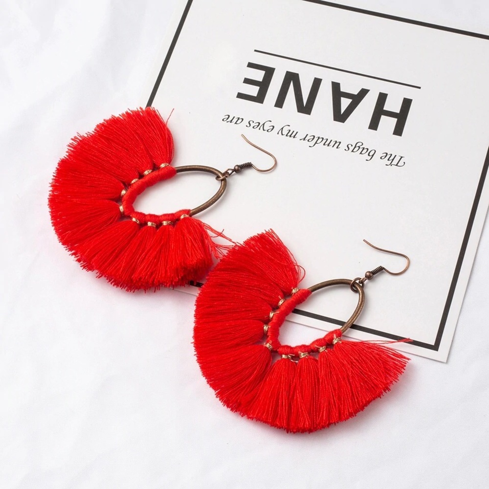 Red Tassel Earrings Fringe Drop Boho style
